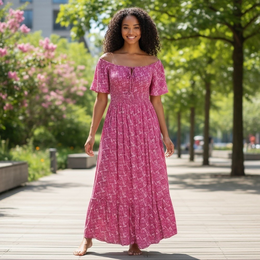 Terra & Sky Pink Summer Maxi Dress Size 0X 14W Off Shoulder Batik Geometric NWT